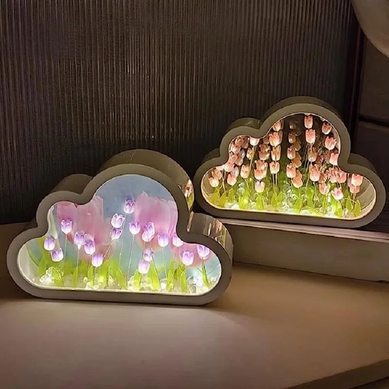 DIY Cloud Mirror Tulip Lamp Simulation Flower Bedroom Sleeping Table Lamp Handmade Craft Tulips Mirror Night Light Birthday Gift