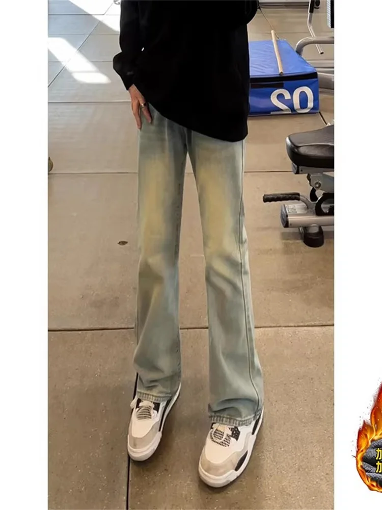 

Retro Blue Fleece Lined Thick Straight Leg Men's Jeans Autumn Winter American Retro Vibe Cool Washed Micro Flared Pants