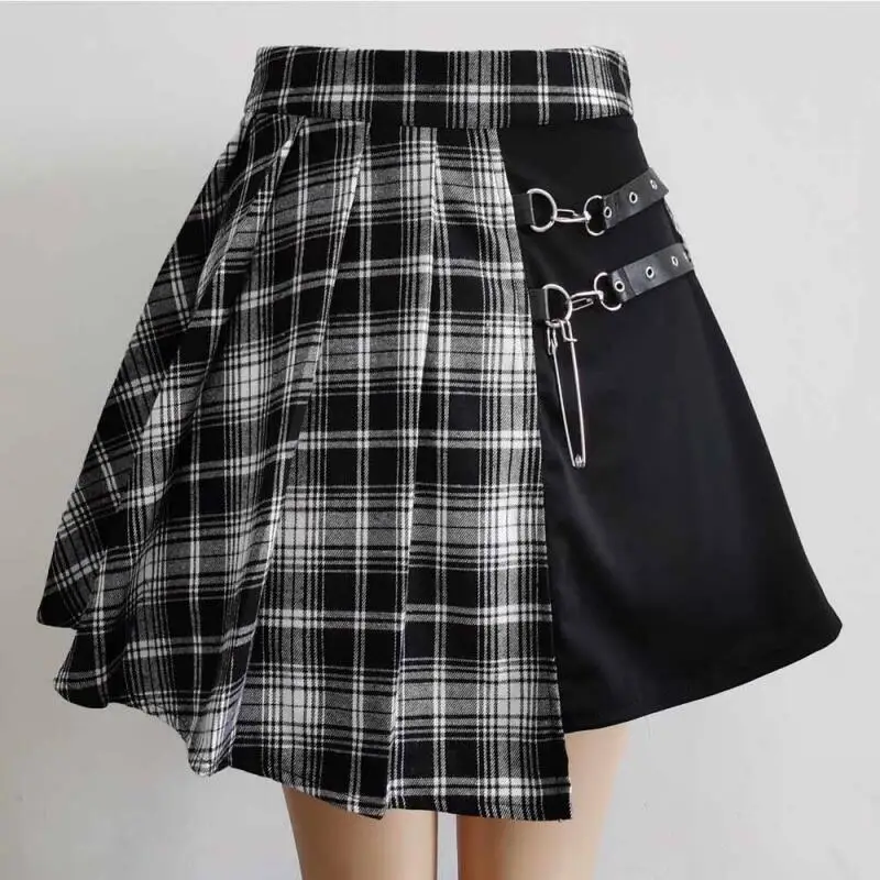 Black High Waist A-Line Pleated Skirt Asymmetry Splice Plaid Metal Buckle Mini Skirt Plus Size 3Xl Summer Jk Gothic Short Skirt