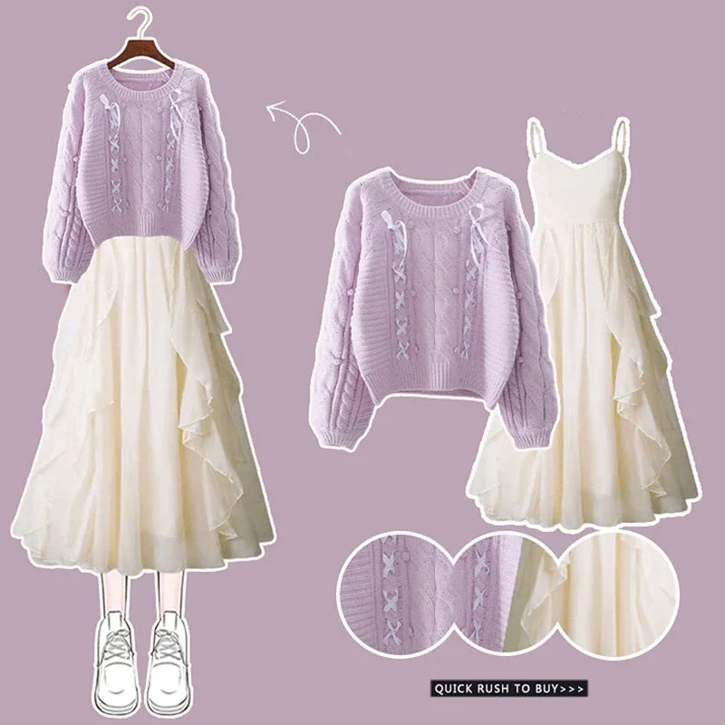 Frühling Herbst Frauen Stricken Tops Kleid Passenden Sets Dame Anmutige Rüschen Sling Midi Kleider Pullover Zwei Stück Anzüge Neue Outfits