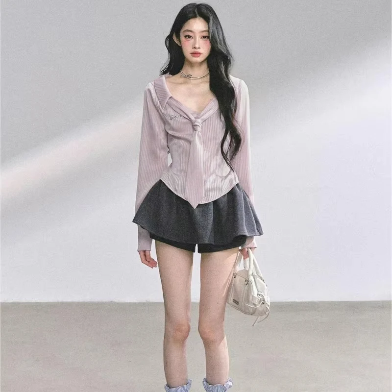 Kemeja Bergaris Merah Muda Deeptown Blus Renda Lengan Panjang Manis Elegan Wanita Mode Korea Kasual Preppy yang Menarik Perhatian