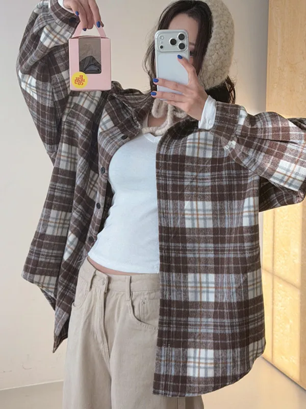 

Новый весенний женский повседневный длинный све с отложным воротником в клетку в стиле ретро, свободный открытый кардиган для ленивых, верхняя одежда, топ