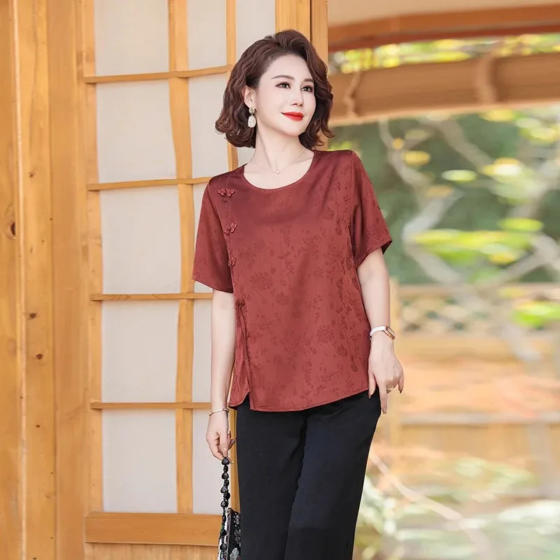 

Women's Chinese Style Floral Print Chiffon Blouse Mom Wear Elegant Retro Short Sleeve Top For Summer In Burgundy