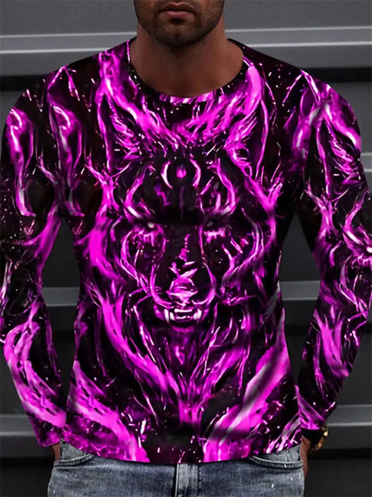 Men's 3D Blue Flame Long Sleeve T-Shirt Neon Glowing Animal Head Graphic Tee Cyberpunk Sci-Fi Streetwear Casual Pullover Tops