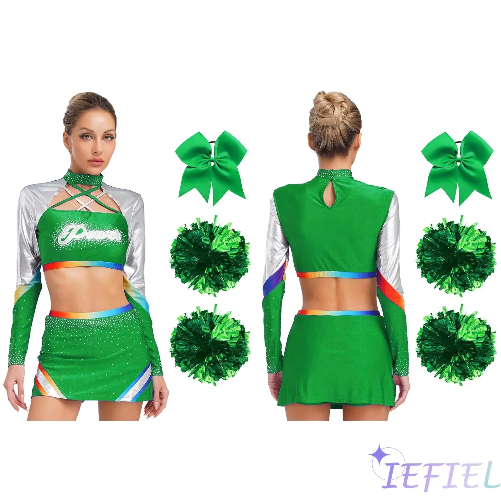 

Breathable Cheer Uniform Outfit Dance Crop Tops with Skirt Cheerleading Hand Flowers And Bowknot Hair Ties 4 Pc Cheerleader Set