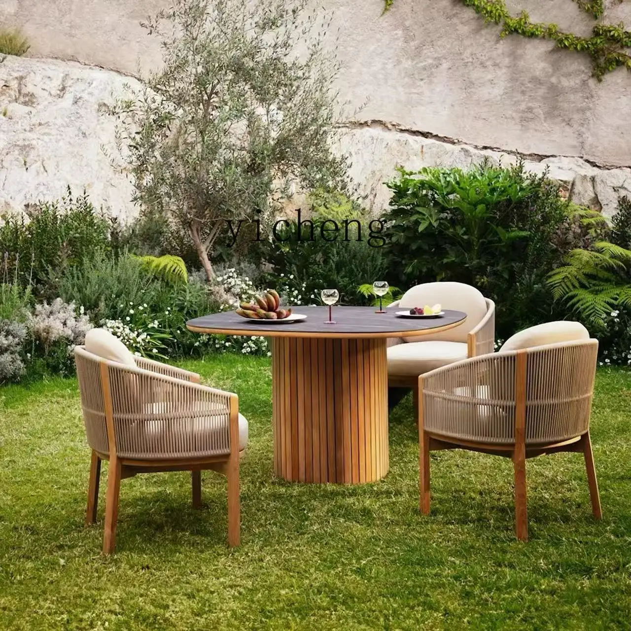 

LX Table and Chair Set for Courtyard, Teak Wood and Rattan Woven Outdoor Garden Terrace Hotel Balcony