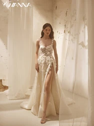 Sexy Spaghetti Straps Side High Slit Wedding Dress Vintage 3D Flower Bride Robe Ivory A-line Long Bridal Gown Robe De Mariée