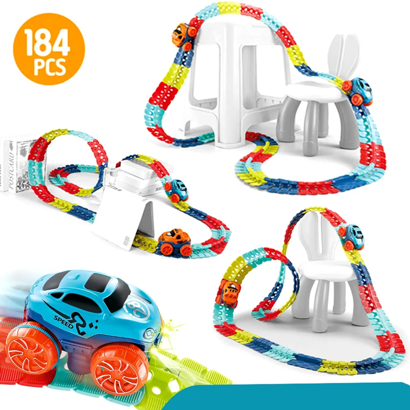 Piste interchangeable avec lumière LED, voiture de course, chemin de fer flexible, kit de jouets, voiture assemblée bricolage, piste de course, jouets pour enfants, cadeaux, 184 pièces