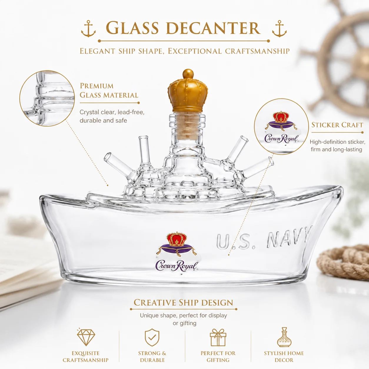 Navy Warship Shaped Clear Glass Decanter Embossed U.S. NAVY Spirits Storage Bottle Retro Man Cave Wine Cabinet Tabletop Display