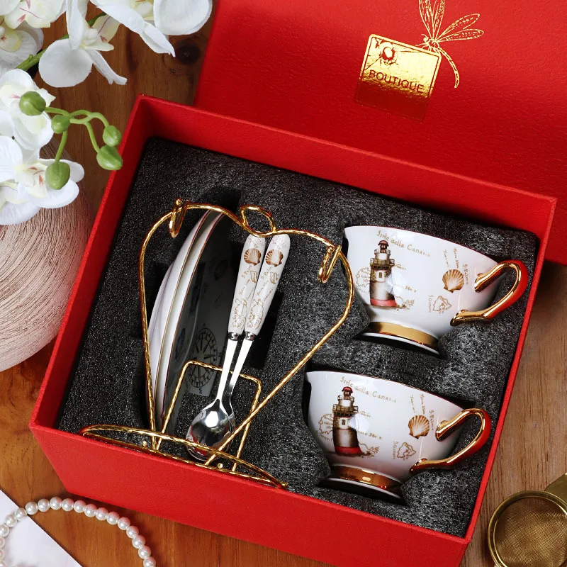 Royal Bone China Coffee Cups with Saucers & Spoons, European Afternoon Tea Set,Premium Gift Boxed，Luxury Present for Women