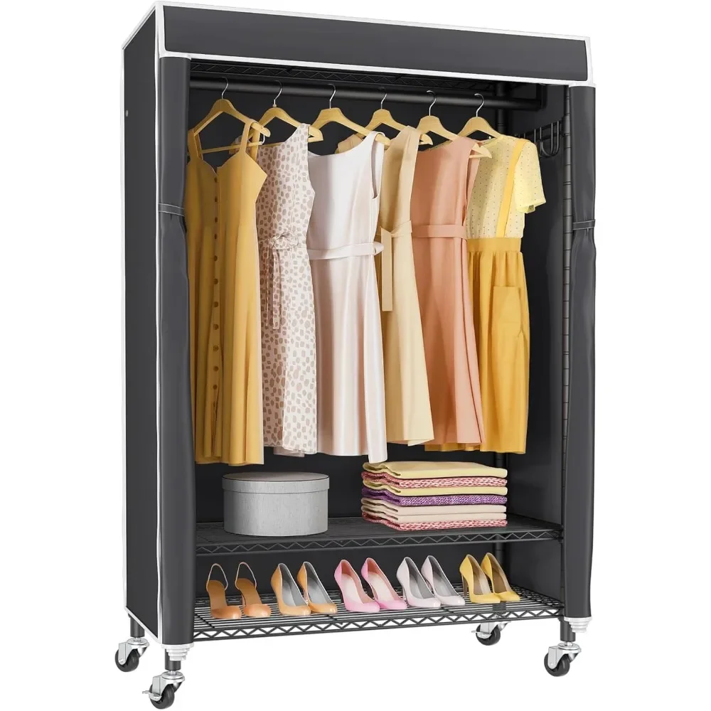 Clothes rack with lid portable wardrobe to hang clothes, heavy duty clothes rack self-standing hanger with wheels and rail