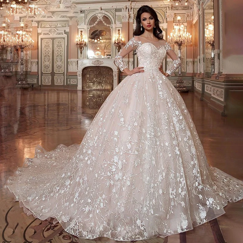 Glamorous Wedding Dress Embroidered Lace On Net With Princess Ballgown Full Sleeve Boat Neck Bridal Dress Chic Vestido De Novia