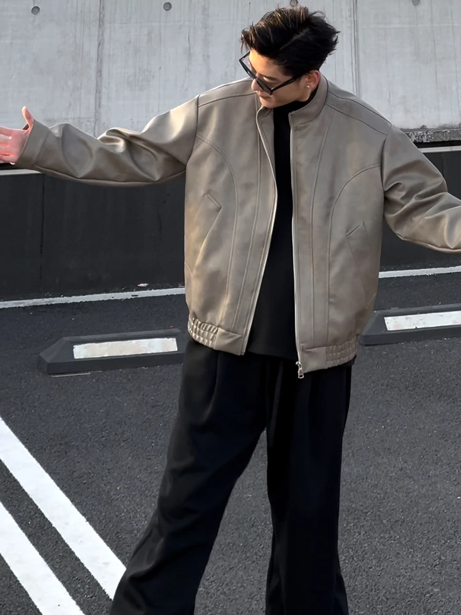 

Куртка-бомбер мужская из искусственной кожи цвета хаки, весенне-осенняя, в американском ретро-стиле, свободного кроя, с эластичным низом, для байкеров