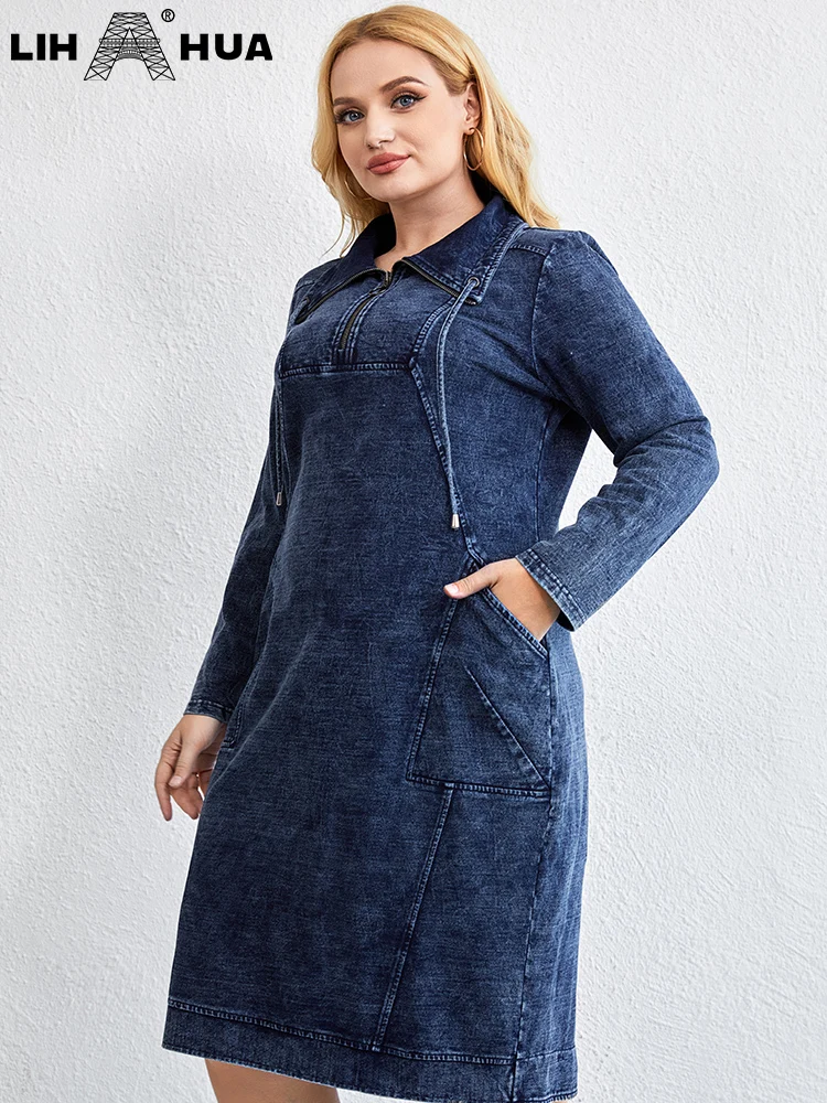 LIH HUA damskie Plus Size sukienka jeansowa jesienne elegancki, szykowny sukienki dla pulchnych kobiet dzianiny bawełniane dekolt z klapami sukienki