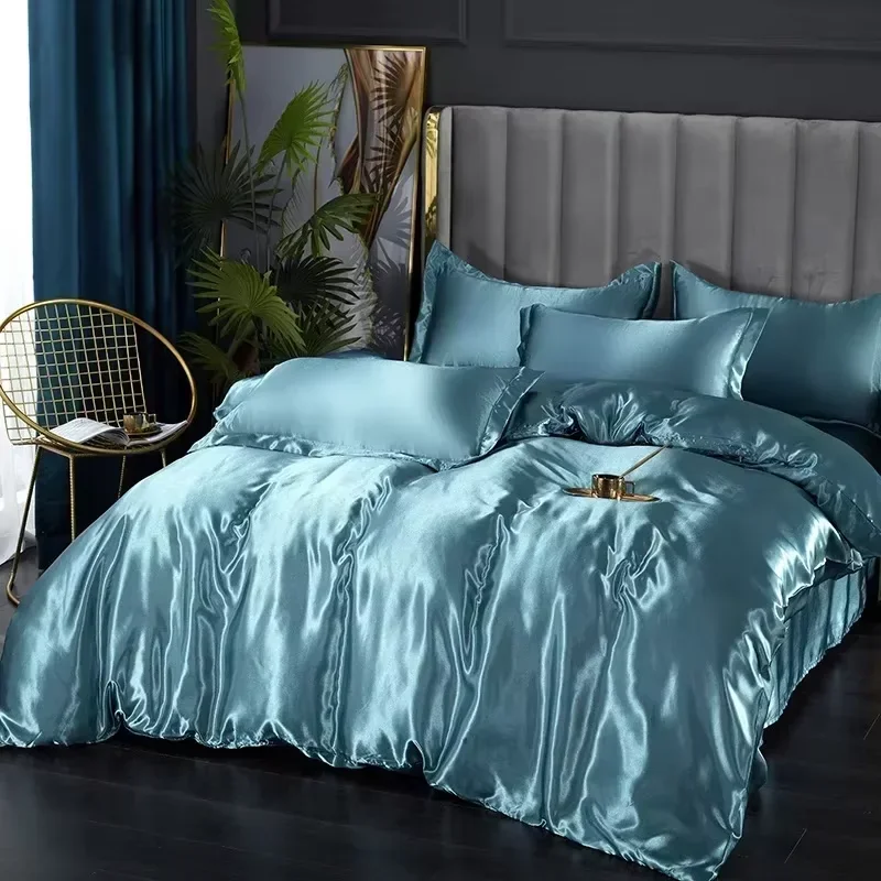 

Silk Bedding Set with Duvet Cover Bed Sheet Pillowcase Luxury Satin Bedsheet Solid Color Double Single King Queen Full Twin Size