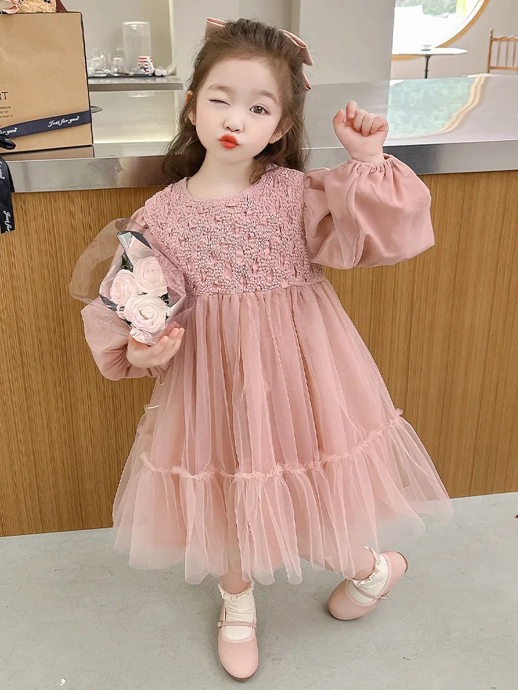2024 children\'s dress children\'s long sleeved sequin dress medium and small girls cake fluffy gauze dress