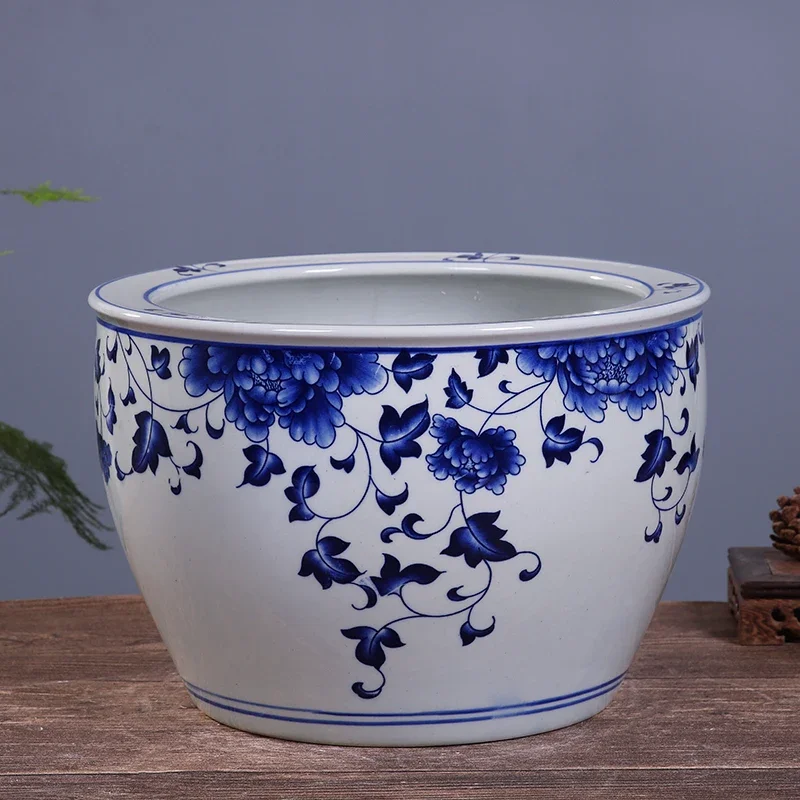 12 Inch Ceramic Planter Asian Blue and White Flowers Plant Pot Outdoor Large Vintage Oriental Pottery Planter Porcelain Big Bowl