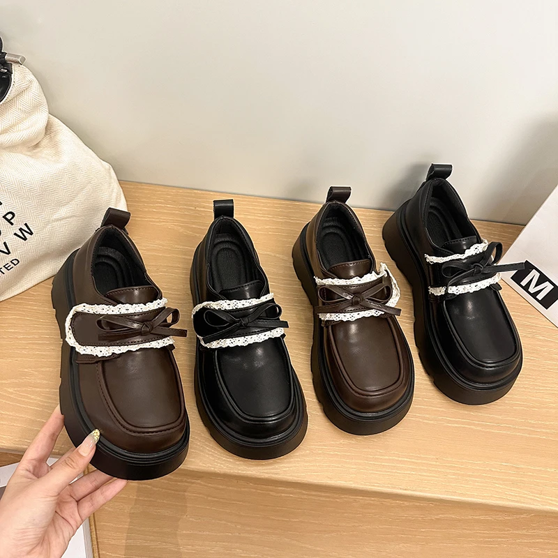 

Bow Round Toe Small Leather Shoes Women's 2025 Autumn New Versatile Platform Single Shoes