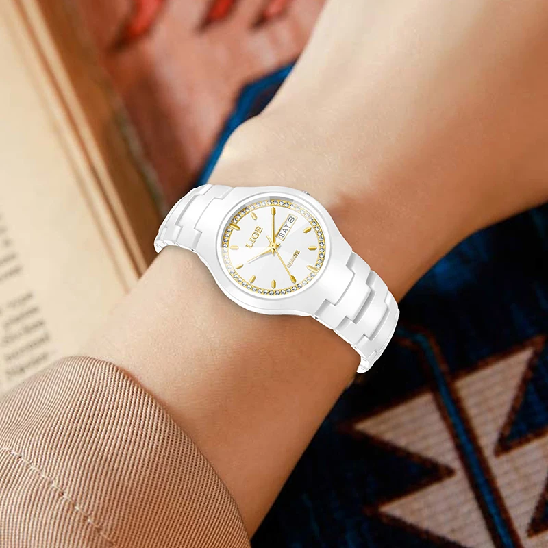 LIGE Top Brand Luxury Women's Watches Elegant Ceramic Steel Waterproof Bracelet Quartz Watch Gift For Women Relogio Feminino+BOX