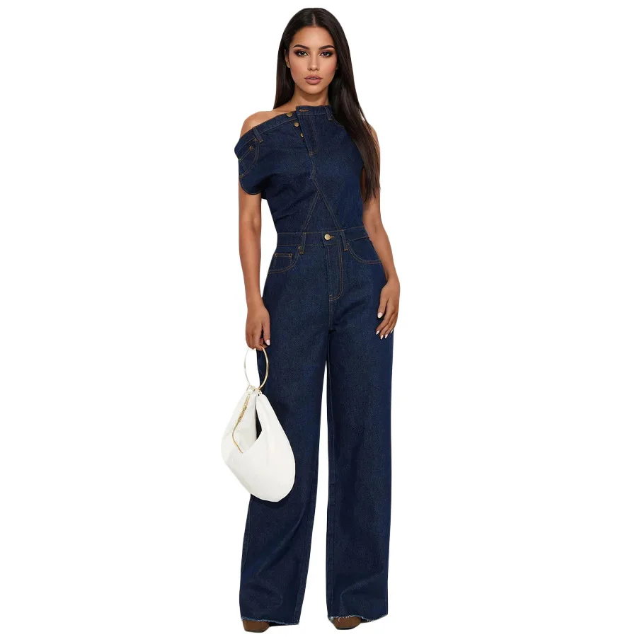 women Jumpsuit One Piece washed denim overalls full length straight jean strapless distressed vintage spliced spring pockets - view 3
