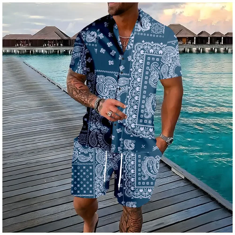 Conjuntos hawaianos, camisas con botones y flores de anacardo, pantalones cortos, mezcla de colores, moda de playa, ropa de calle Hipster, chándales, ropa para hombre