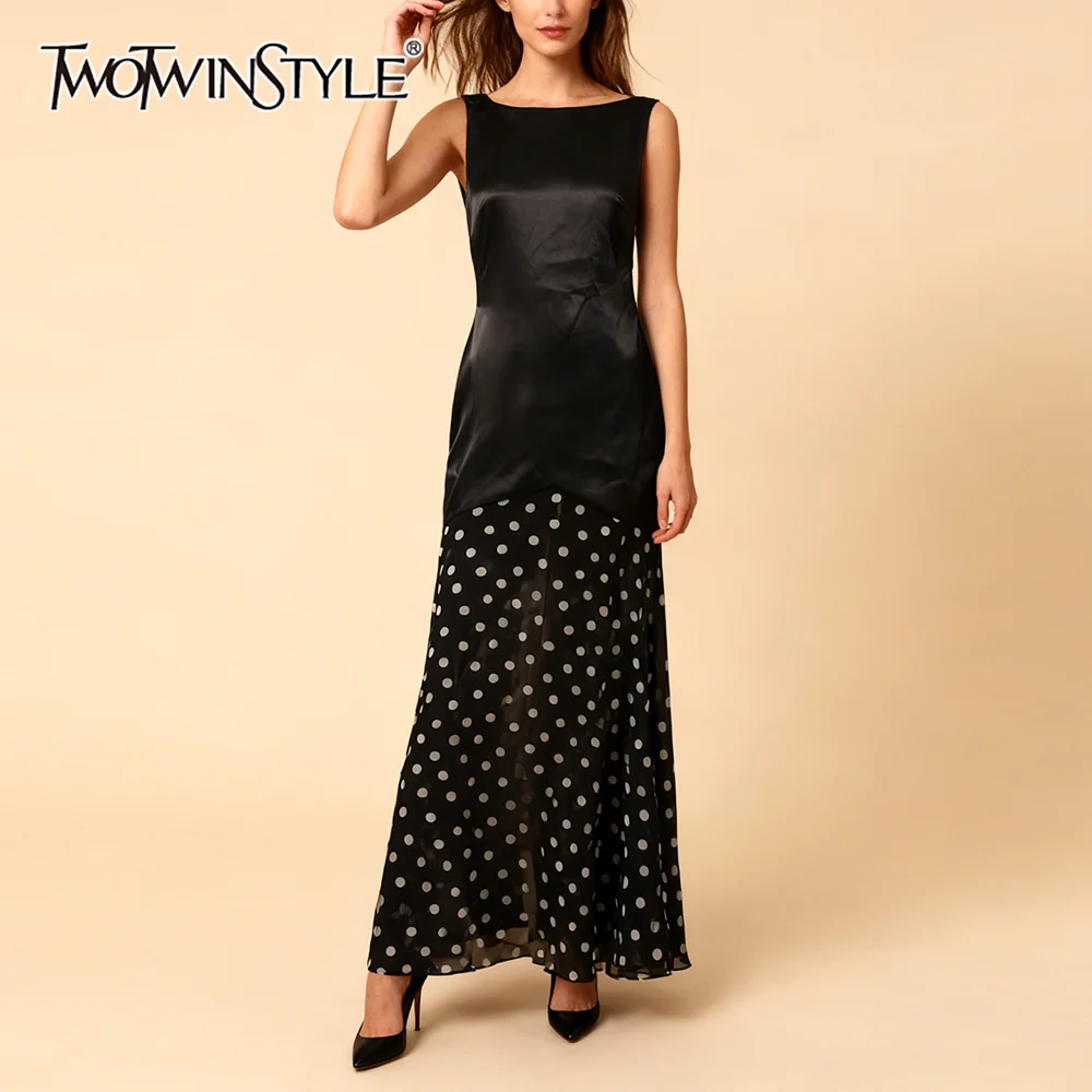 

TWOTWINSTYLE Retro Chic Black Satin Polka Dot Maxi Dress for Women Sleeveless Slimming Flared Skirt for Cocktail Parties Events