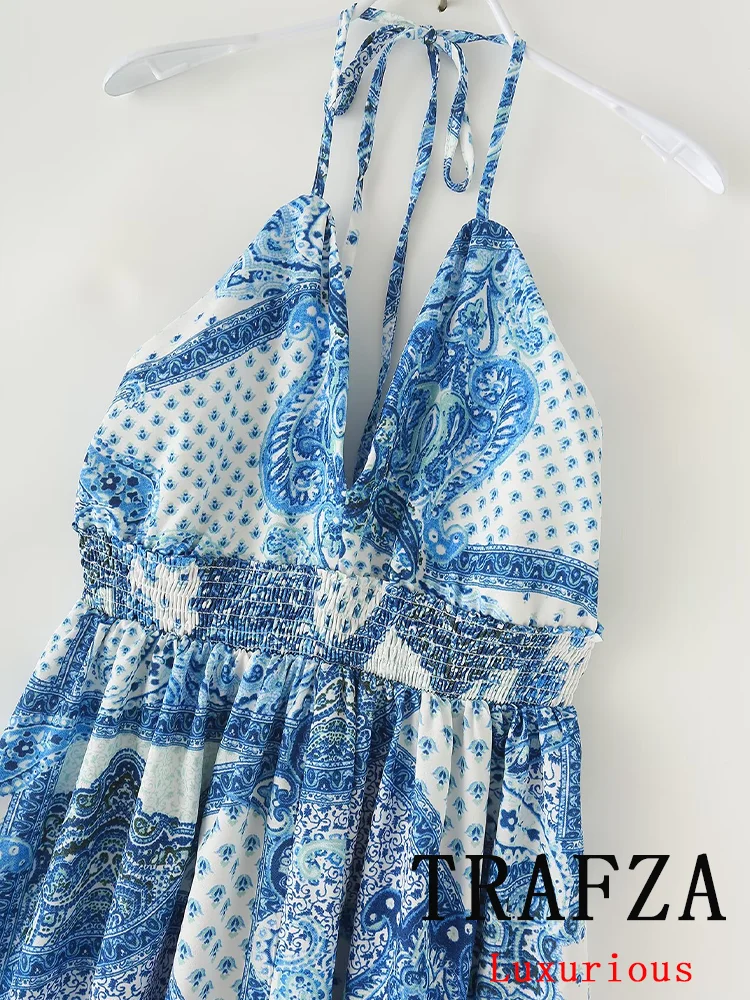 Trafza Vintage Casual Chic Print Vrouwen Jurk Halter Strand Lange Jurk Mode 2024 Zomer Chique Boho Feest Vrouwelijke Jurk