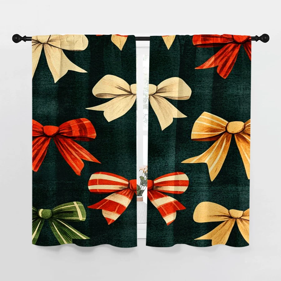 2PCS Christmas Curtains, Green Bows Red Gold, Digital Print, Bedroom Living Room Kitchen, Rod Pocket Polyester, Home Decor