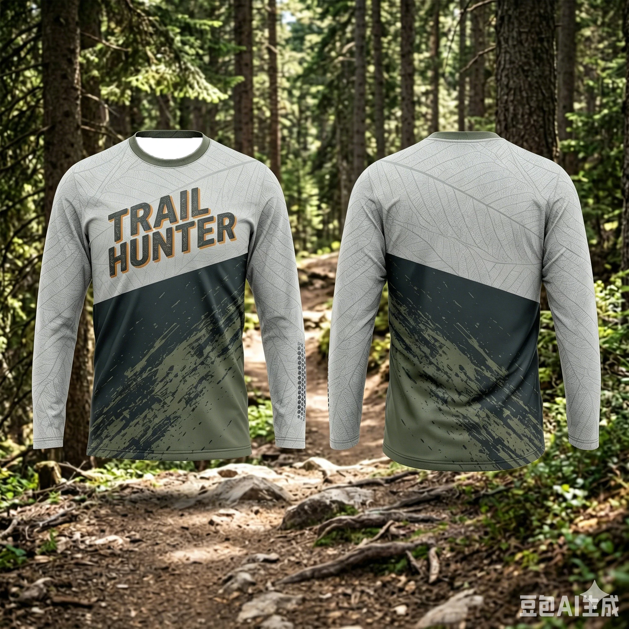 Men Trail Hunter Long Sleeve MTB Jersey Gradient Color Leaf Texture Print Quick Dry Outdoor Cycling Hiking Mountain Bike Shirts