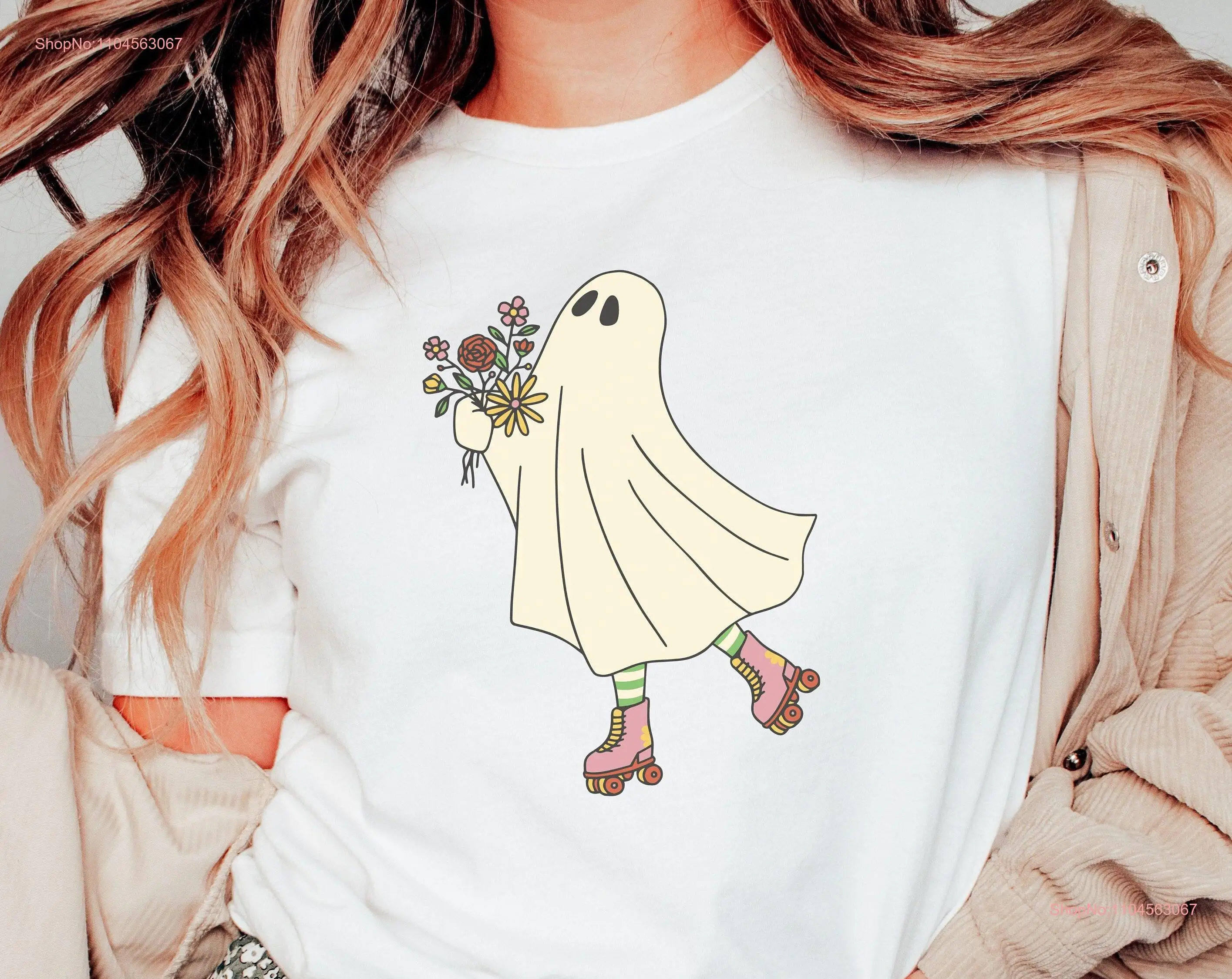 Camiseta de patinaje sobre ruedas con flores fantasma para Halloween, ropa de patinadora Floral Ghoul de manga larga o corta
