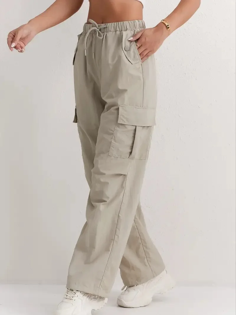 Damen-Cargohose im amerikanischen Stil mit Kordelzug, elastischer Taille, lässig, hohe Taille, drapiert, schnell trocknend, Jogginghose mit weitem Bein