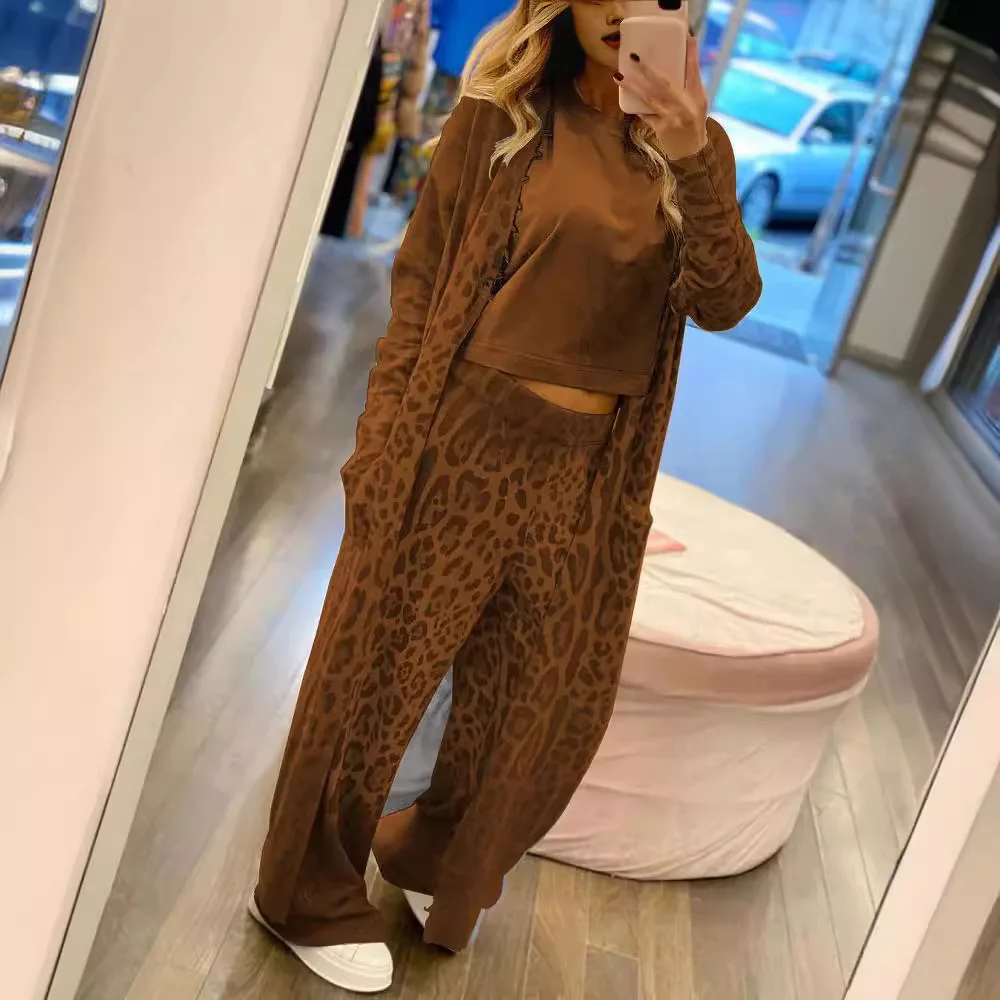 

2024 Spring New Leopard Print Sleeved Cardigan Coat Long Pants Two Piece Women's Set