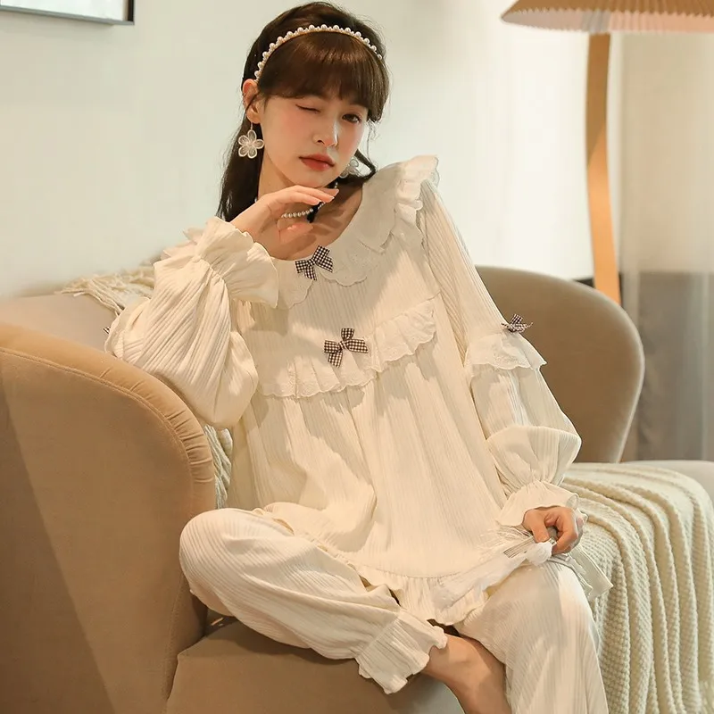 New Women\'s Cotton Pajamas Homewear Ms. Korean Version of The Long-sleeved Cardigan Court Cute Sweet Can Be Worn Outside Pajamas