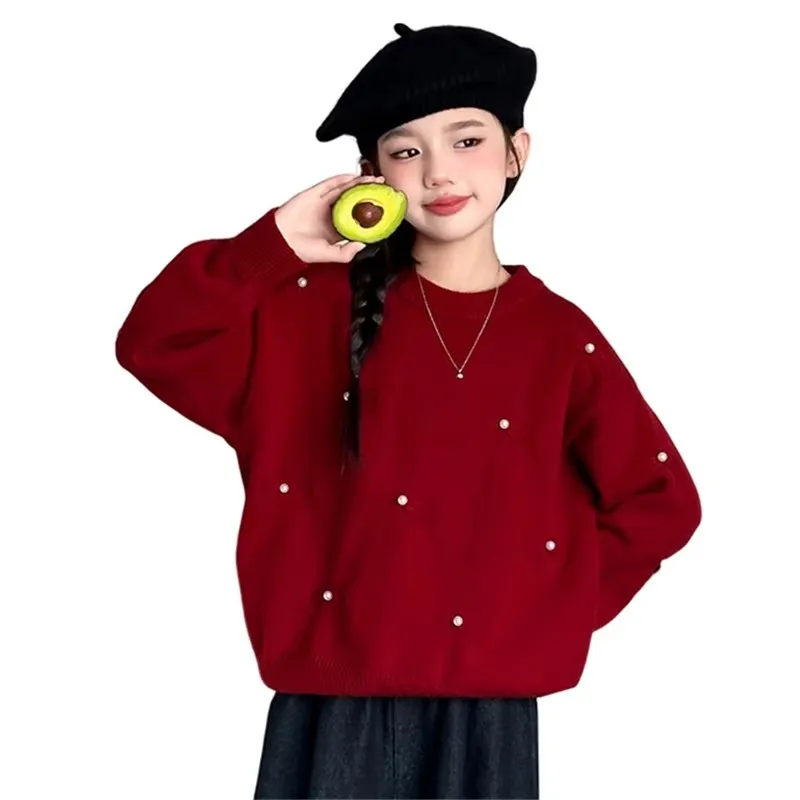 

2025 New Spring Girls Sweater With Pearl Knitwear Kids Soft Tops Children's Bowknot High Street Clothes Toddler Sweet Outerwear