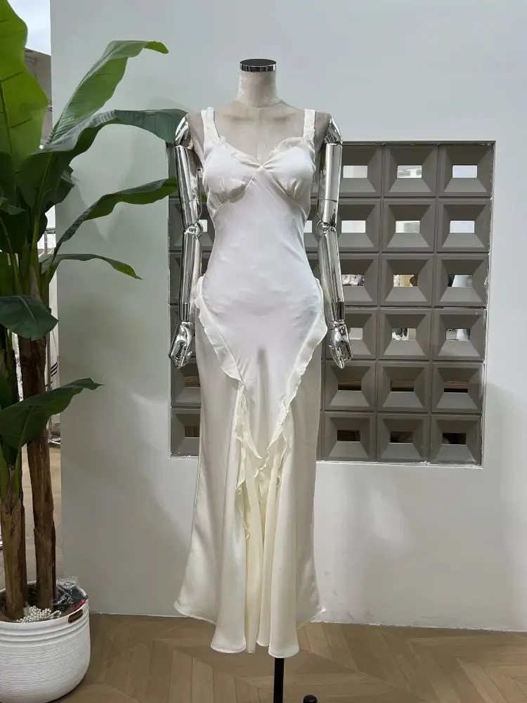 

Luxury Women's Beige V Neck Temperament Sleeveless Backless A-line Slip Long Dress Summer Sexy Ruffled Edge Birthday Dresses