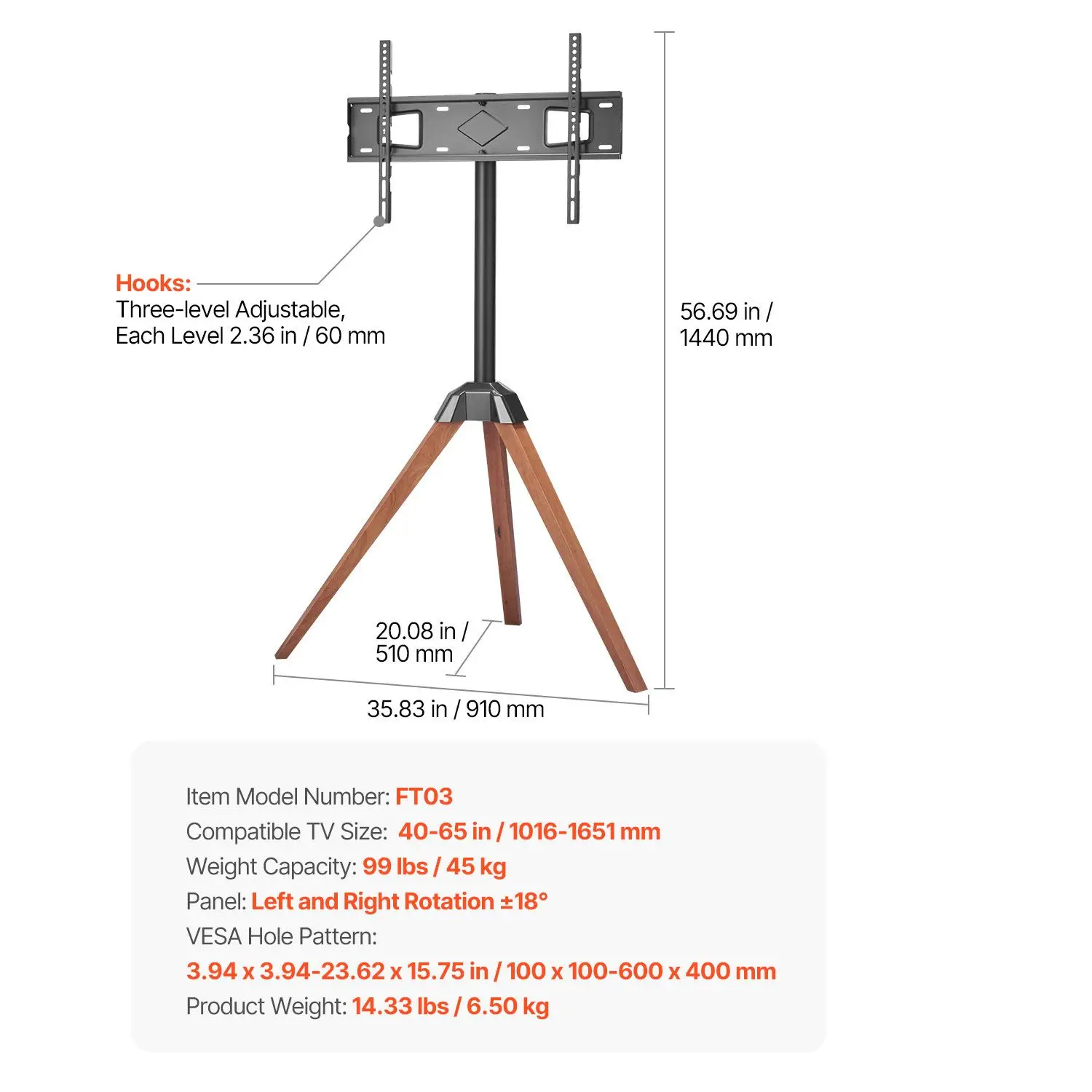 Tripod Easel TV Stand, for 40-65 inch Flat Screen/Curved TVs Up to 99 lbs, 18° Left-Right Rotation Portable TV Stand with Oak Wood Legs, for Bedroom, Living Room, Studio, MAX VESA 600 x 400 mm