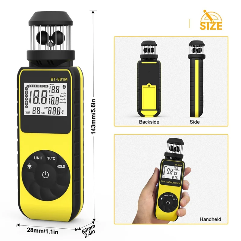 AK51-BT-881M Misuratore anemometro digitale - Palmare con 360 °   Rotazione per la misurazione della velocità e della temperatura del vento