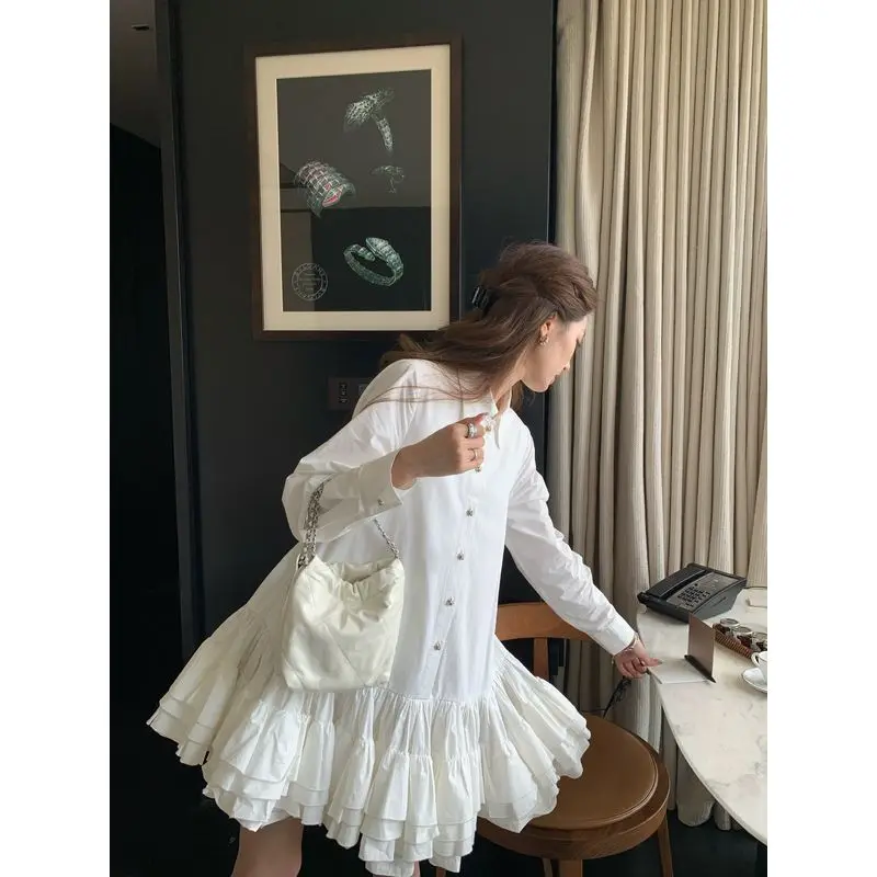 Solid Shirt Dress Women French Elegant Long Sleeve Patchwork Fluffy Ruffles A Line Princess Short Dresses Party Vestido