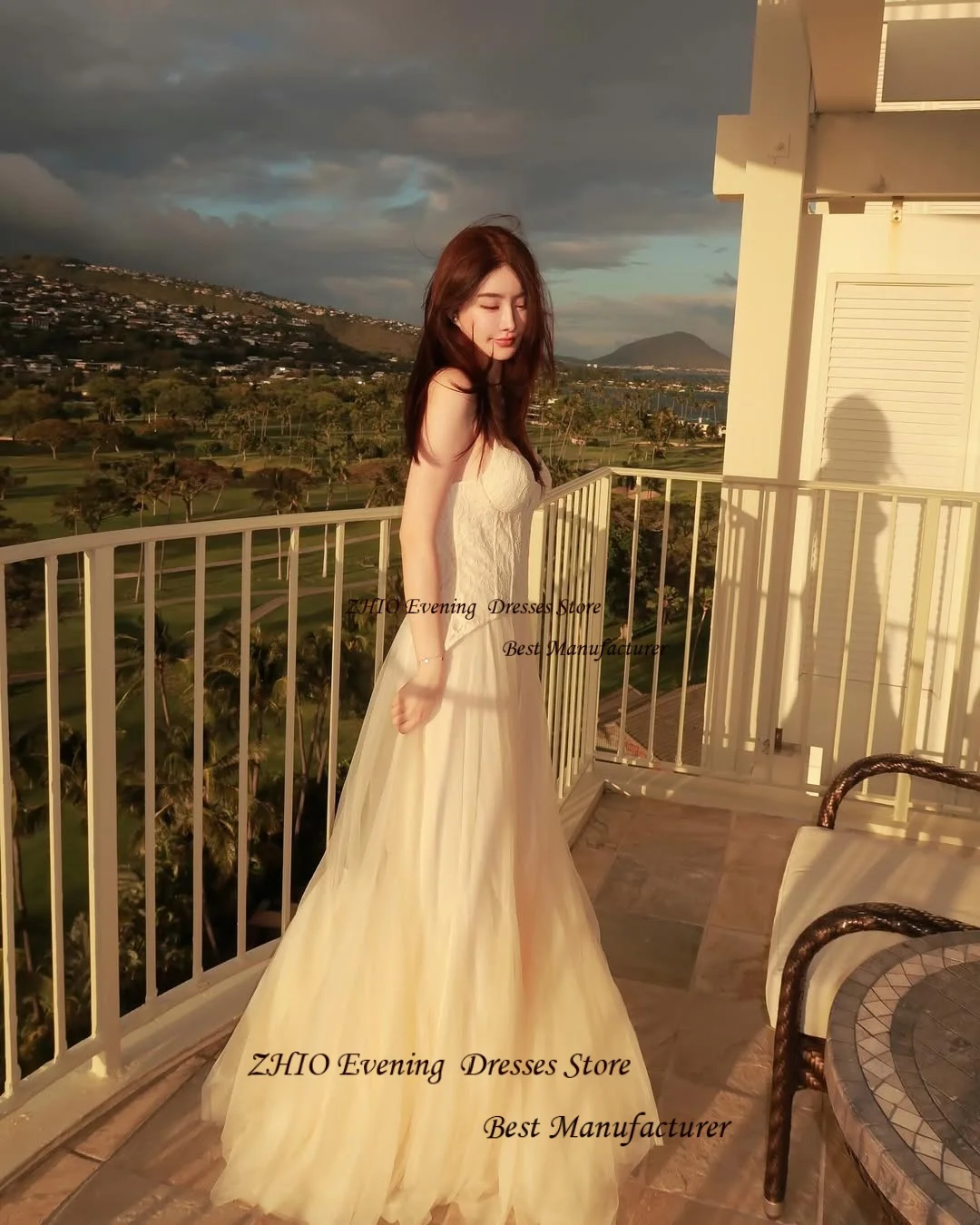 ZHIO Beige Tulle and Lace A Line Sweetheart Korean Wedding Dress Photoshoot Sleeveless Floor Length Formal Bride Gown with Pleat