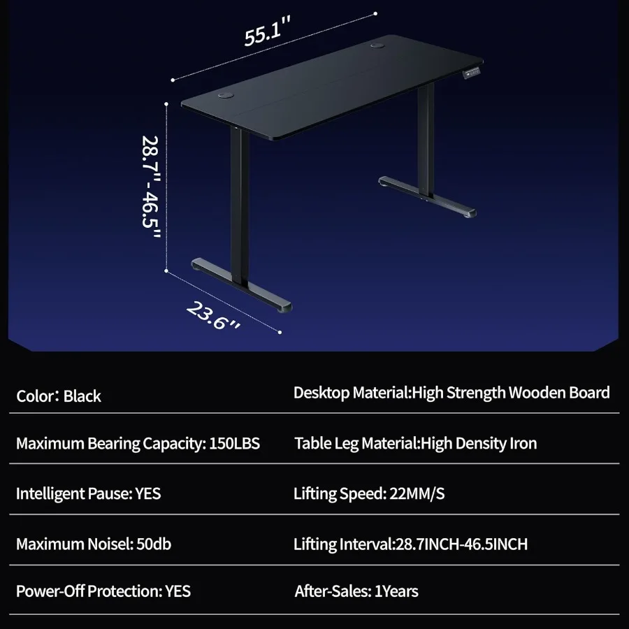 مكتب قائم كهربائي قابل للتعديل بارتفاع 55 × 24 بوصة للمكتب المنزلي، محطة عمل مريحة للكمبيوتر مع ارتفاع سلس