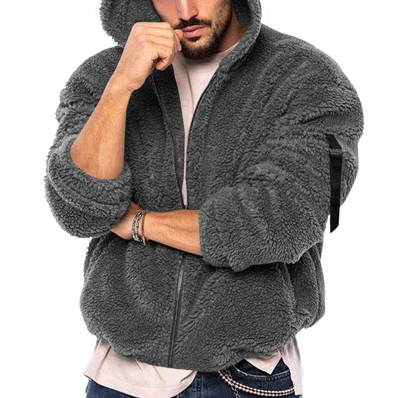 Men\'s Winter New Double-sided Arctic Velvet Warm Hooded Zipper Casual Jacket Coat Fashion Loose Windbreaker Men Clothing