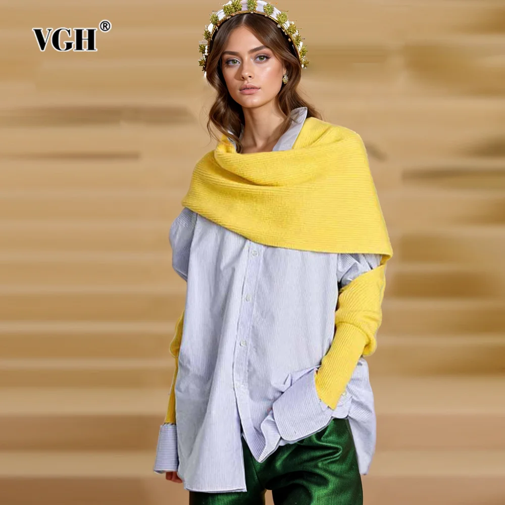 VGH Solid Casual Knitting Scarves For Women Round Neck Long Sleeve Minimalist Slimming Scarf Female Clothing Fashion Style New