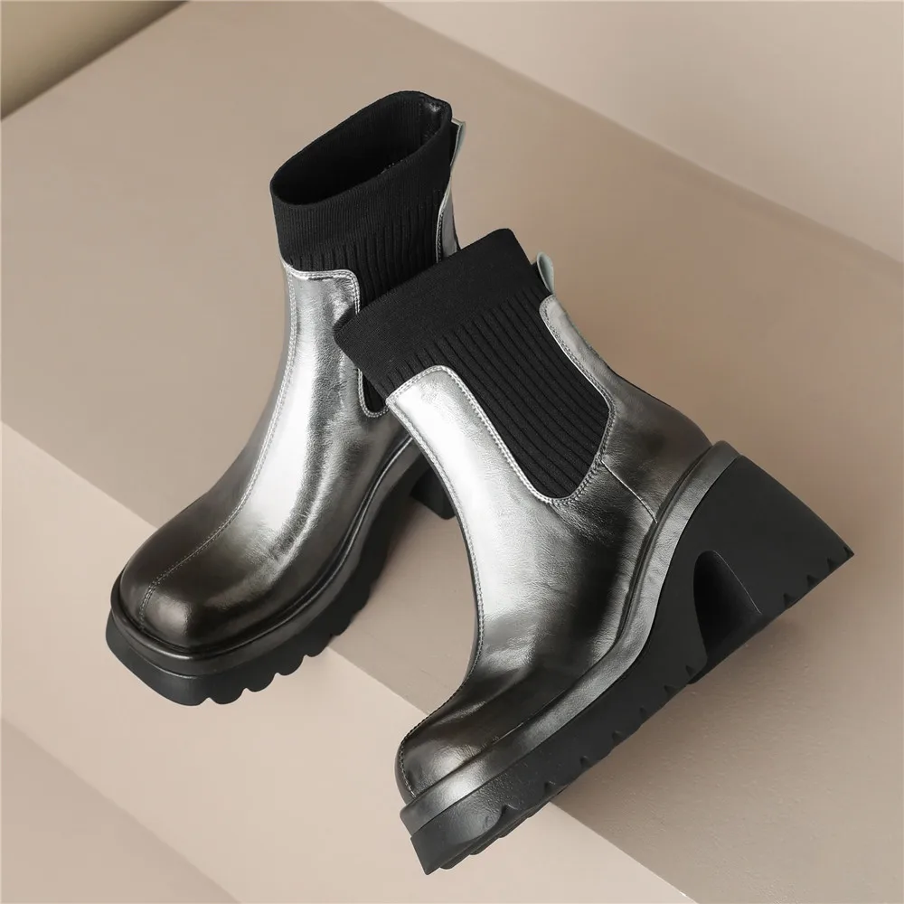 MILI-MIYA New Arrival Super High Thick Heels Metallic Women Cow Leather Ankle Boots Slip On Solid Color Round Toe WaterProof