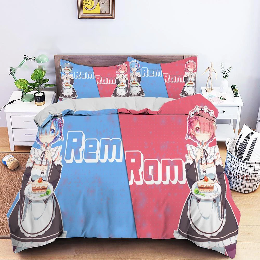 

3D Printed Anime Re Zero Rem Ram Bedding Set Boys Girls Twin Queen Size Duvet Cover Pillowcase Bed Kids Adult Home Textileextile