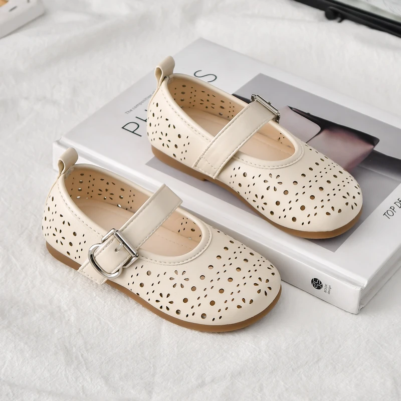 Kids Cut-outs Leather Shoes for Girls Summer Autumn Non-slip Sole Toddler Ballet Flats Princess Elegant Mary Jane Shoes 4-6years