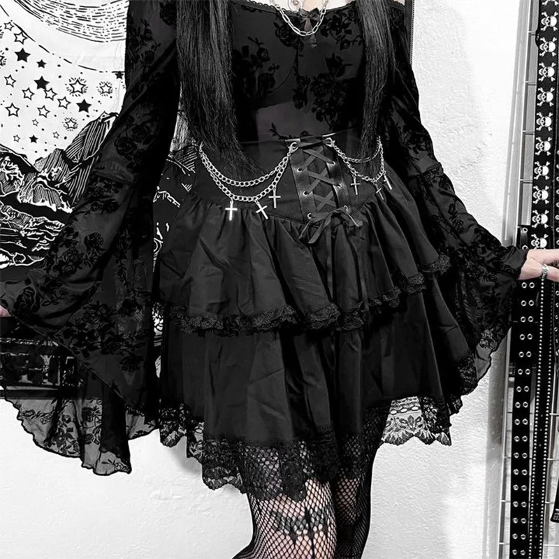 Gothic Skirt Sexy Cute Black Mini Women Drawstring Folds High Waist Irregular Ruffle Patchwork Fairycore Short Skirts Mori Girl