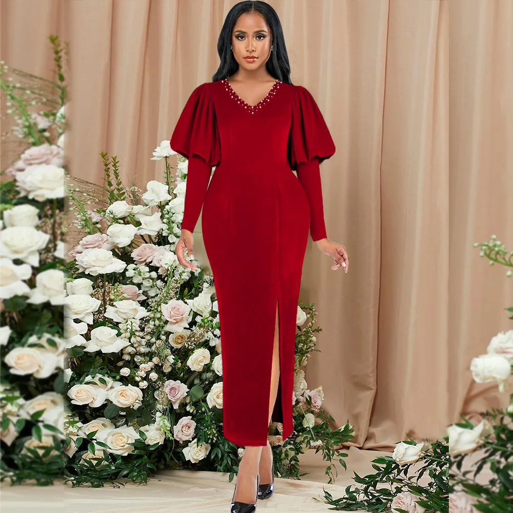 

V-neck lantern sleeve nail bead high waist split party dress red women's dress party dress