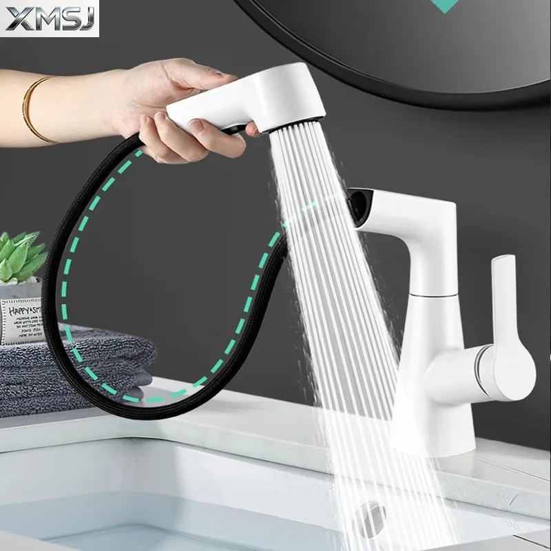 

Black Brass Pull Out Basin Faucet - Single Handle Hot & Cold Modern Bathroom Mixer Tap