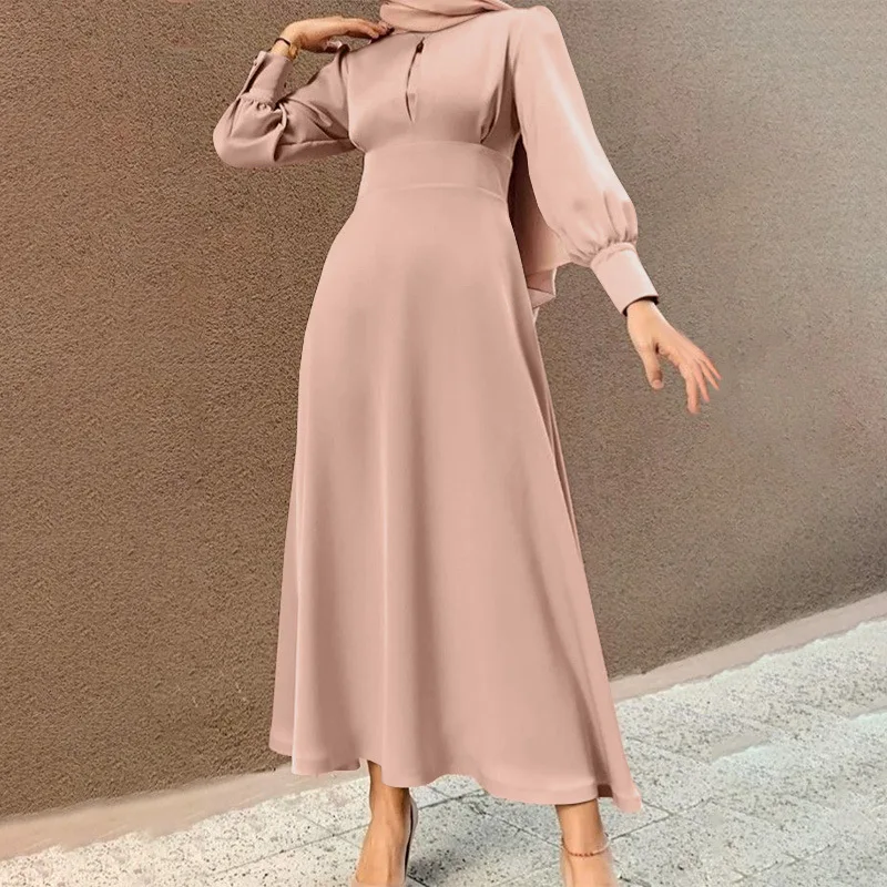 Islam Abaya Dress Solid Color Muslim Women's Long Sleeved Round Neck Robe Femme Musulmane Holiday Elegant Casual Women's Dress