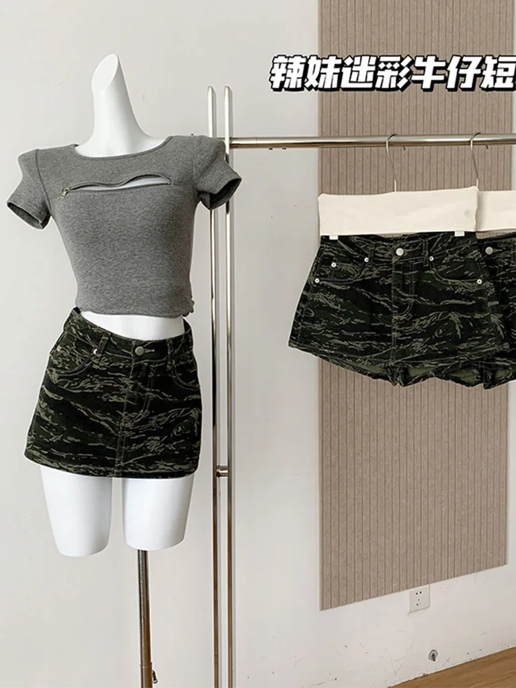 

Gyaru Fashion Sexy Print Camo Jeans Skirt Women New Design Slim Wrap Hip A-line Skirt Summer 2024 Korean Trend Mini Short Skirts